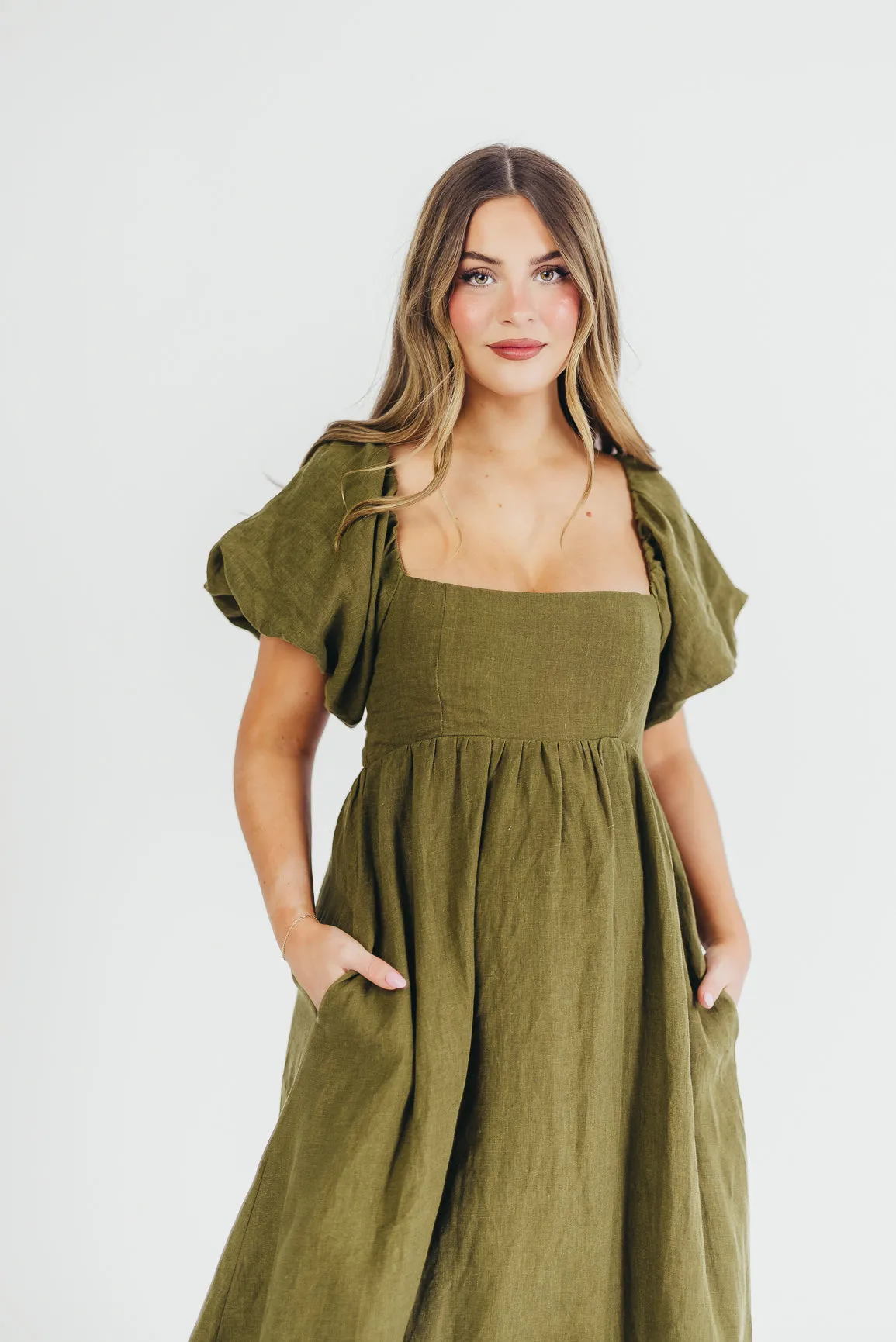 Candace Maxi Dress in Dark Olive - 100% Linen - Bump Friendly