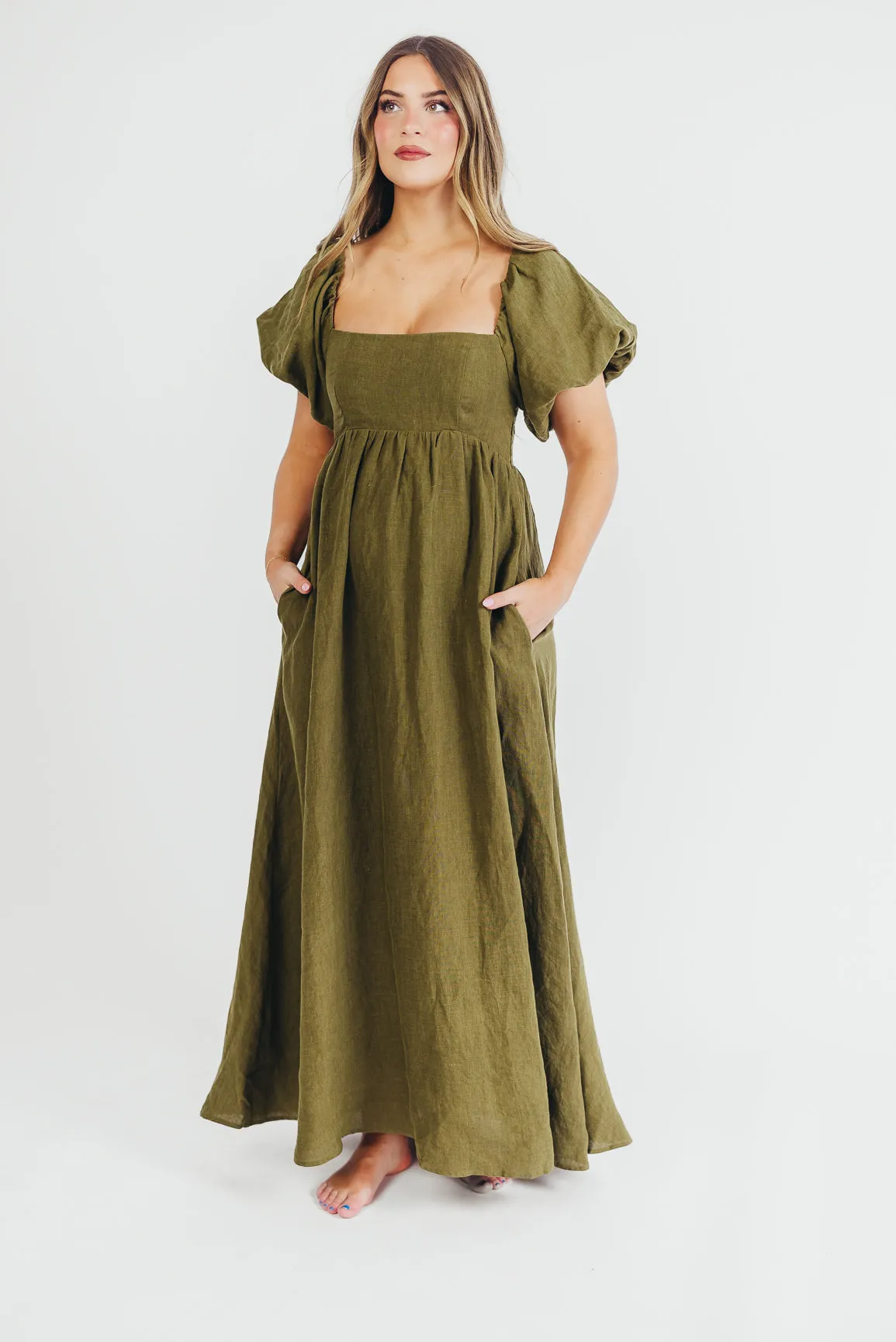 Candace Maxi Dress in Dark Olive - 100% Linen - Bump Friendly