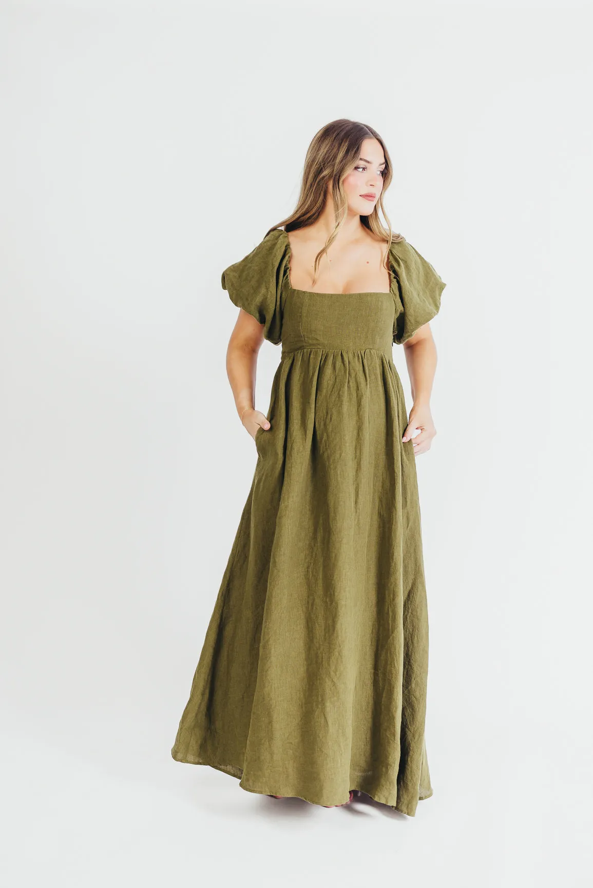 Candace Maxi Dress in Dark Olive - 100% Linen - Bump Friendly