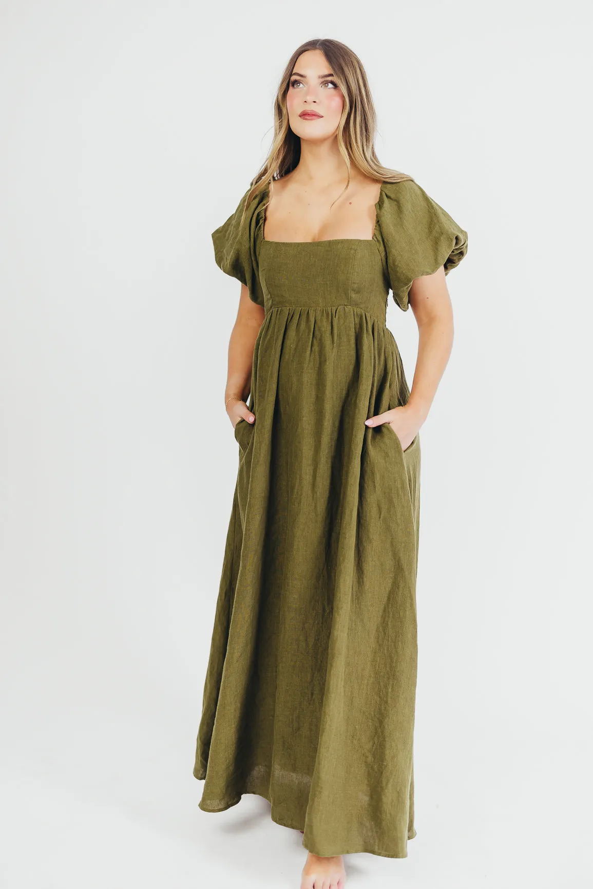 Candace Maxi Dress in Dark Olive - 100% Linen - Bump Friendly