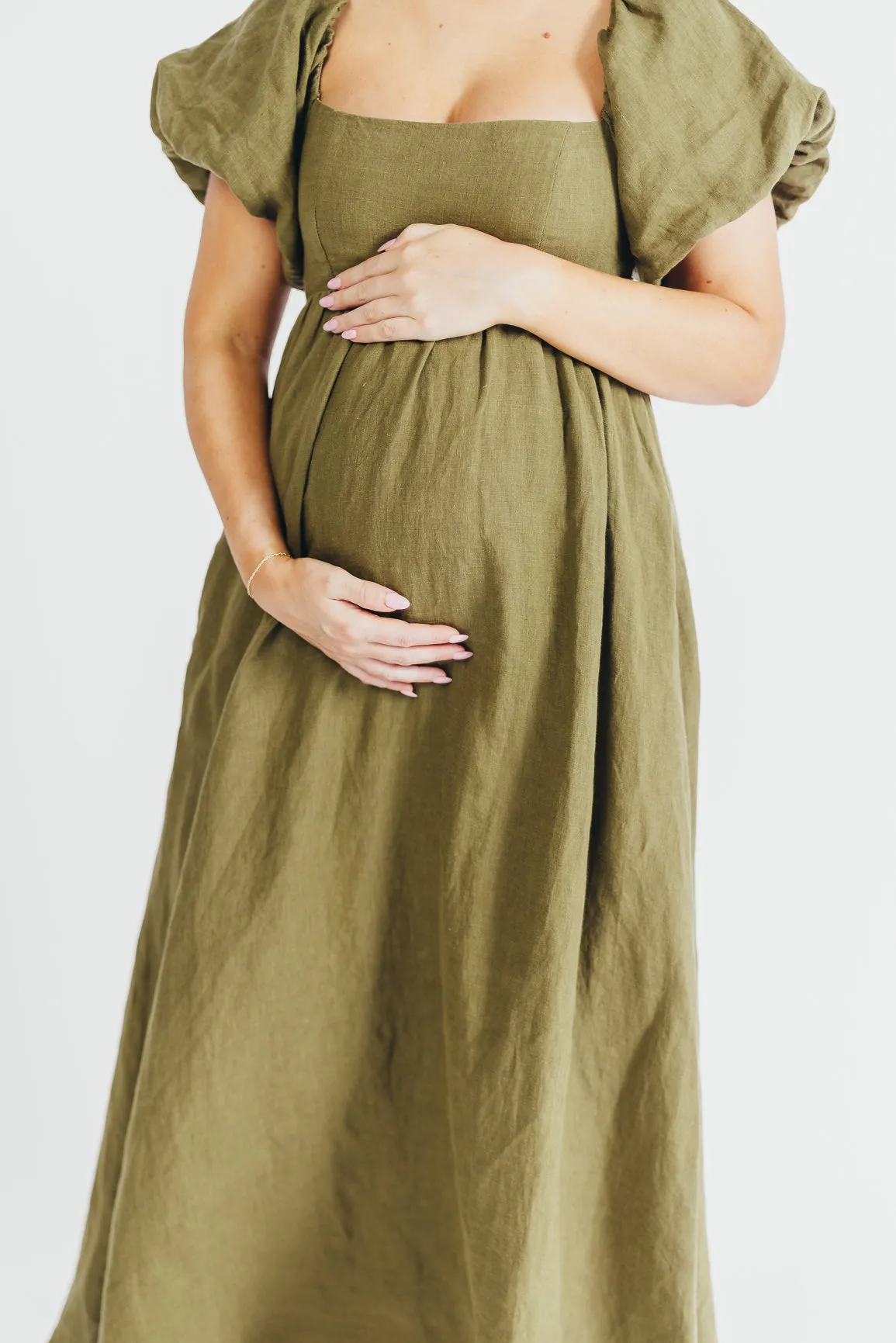 Candace Maxi Dress in Dark Olive - 100% Linen - Bump Friendly