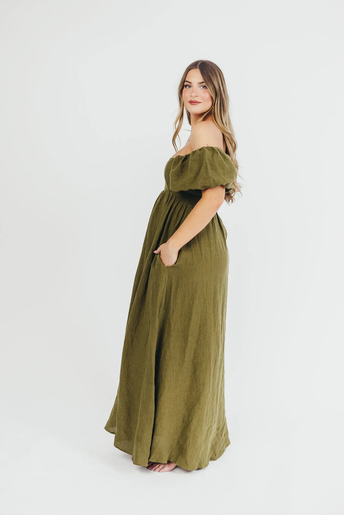 Candace Maxi Dress in Dark Olive - 100% Linen - Bump Friendly