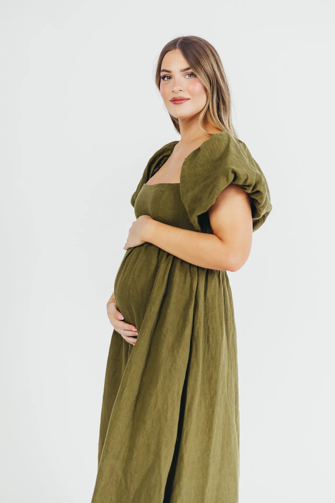 Candace Maxi Dress in Dark Olive - 100% Linen - Bump Friendly