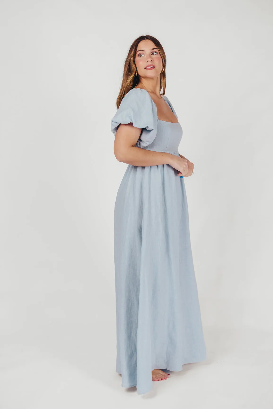 Candace Maxi Dress in Light Blue - 100% Linen - Bump Friendly