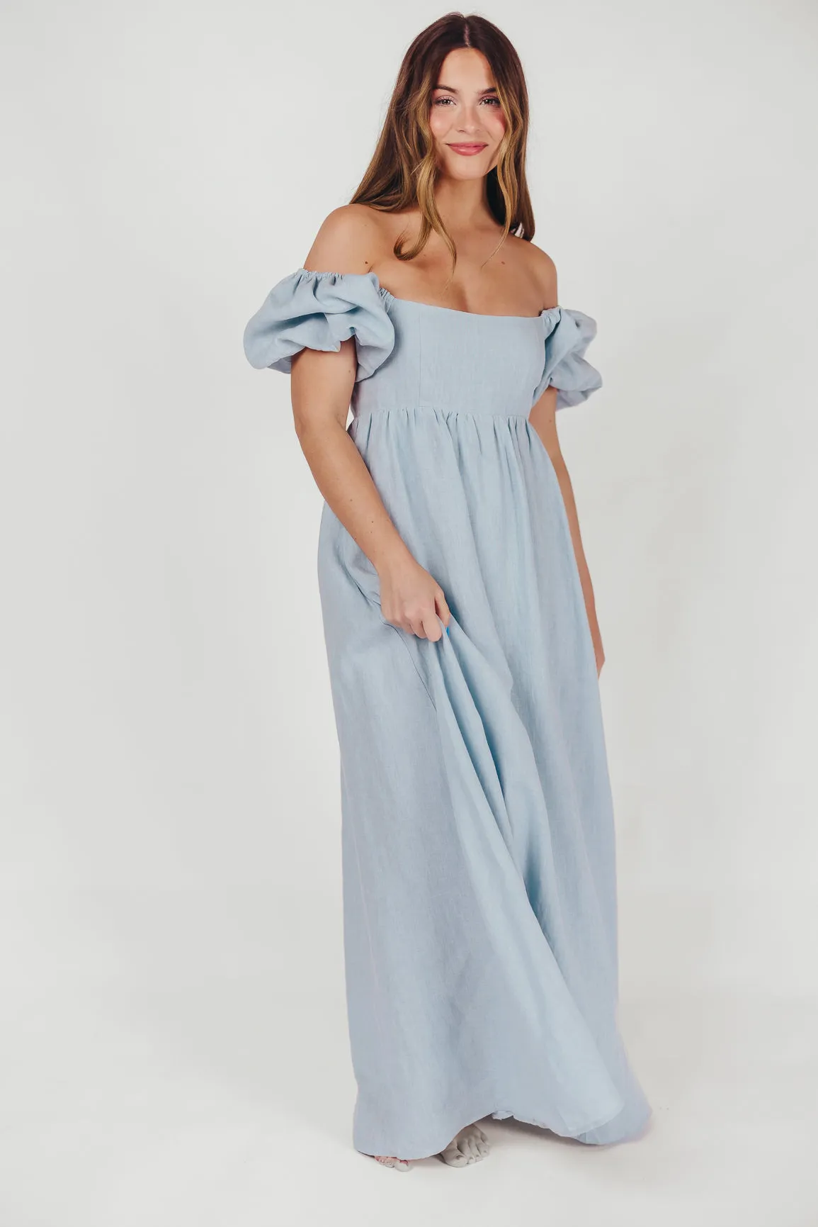 Candace Maxi Dress in Light Blue - 100% Linen - Bump Friendly