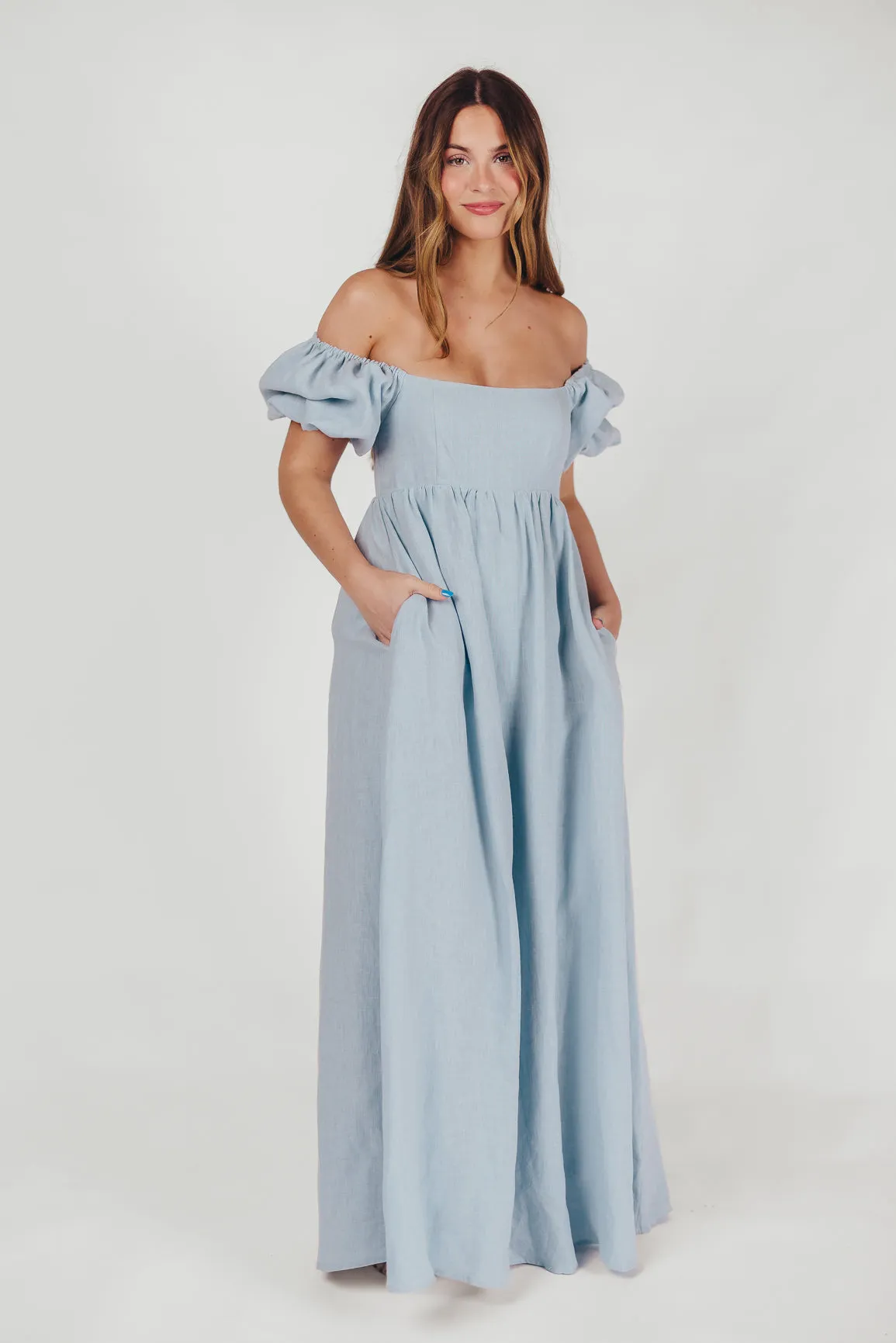 Candace Maxi Dress in Light Blue - 100% Linen - Bump Friendly