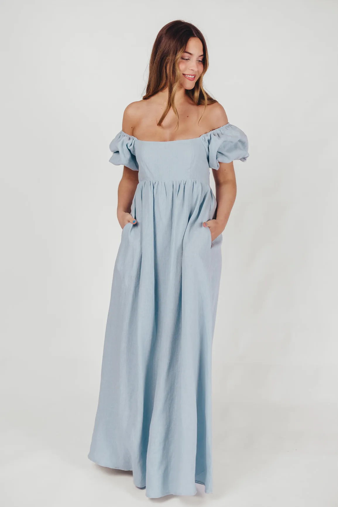 Candace Maxi Dress in Light Blue - 100% Linen - Bump Friendly