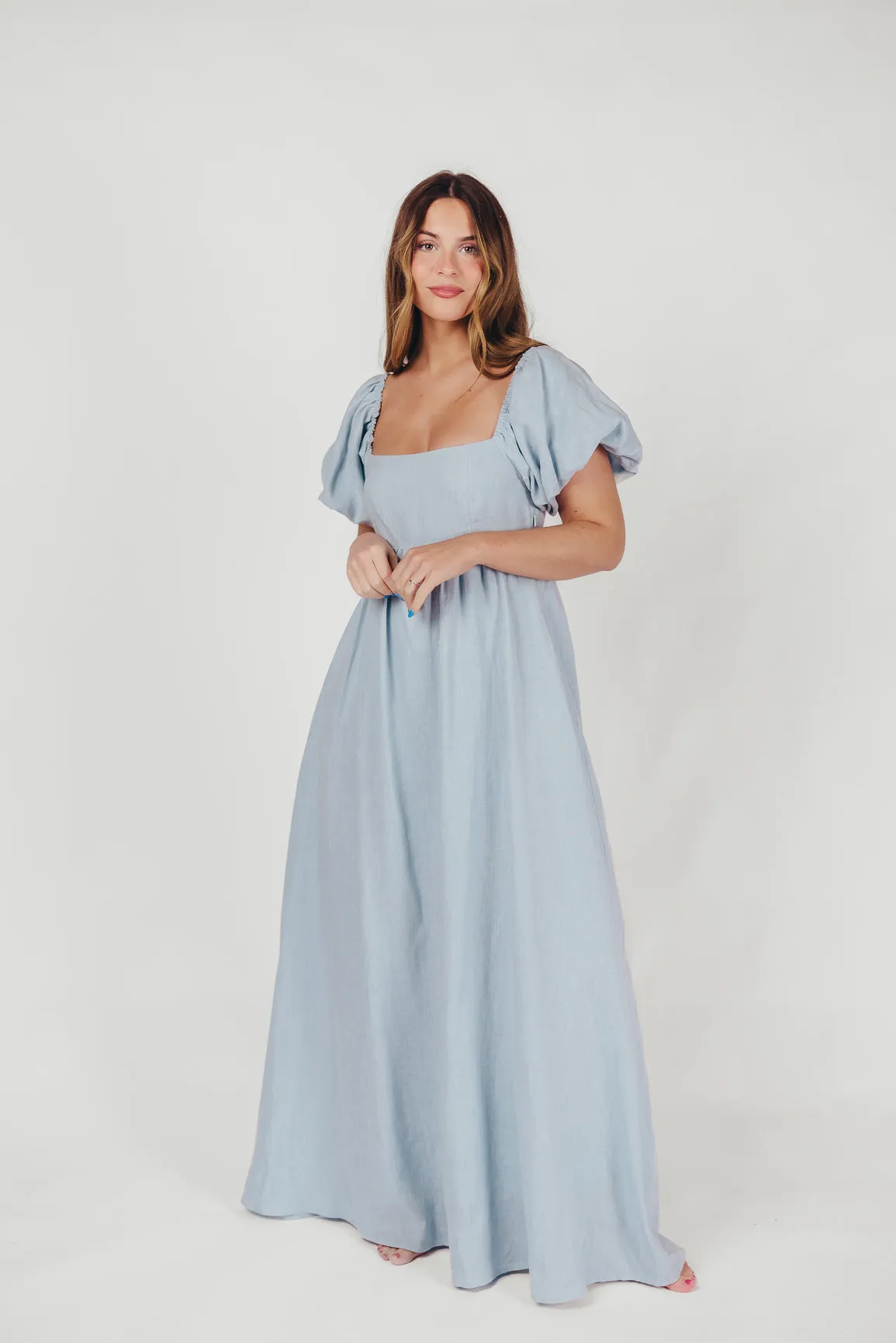 Candace Maxi Dress in Light Blue - 100% Linen - Bump Friendly