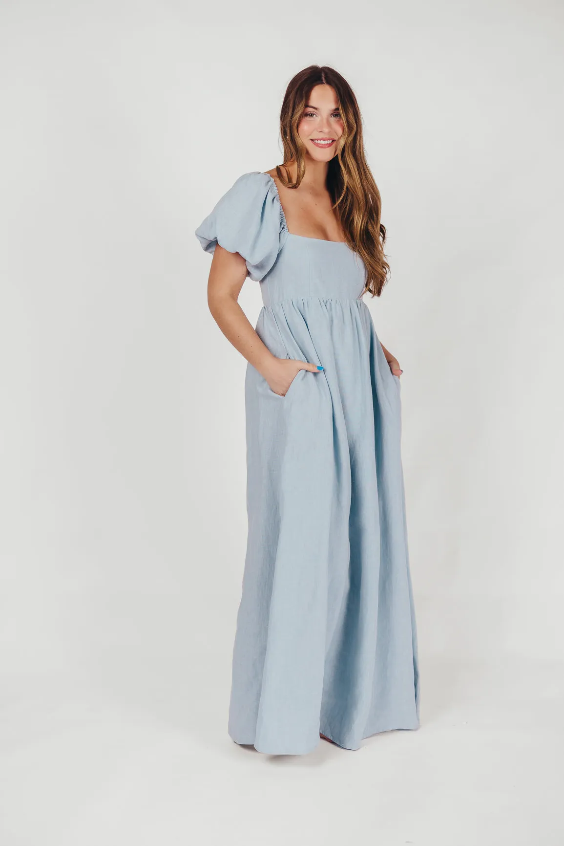 Candace Maxi Dress in Light Blue - 100% Linen - Bump Friendly