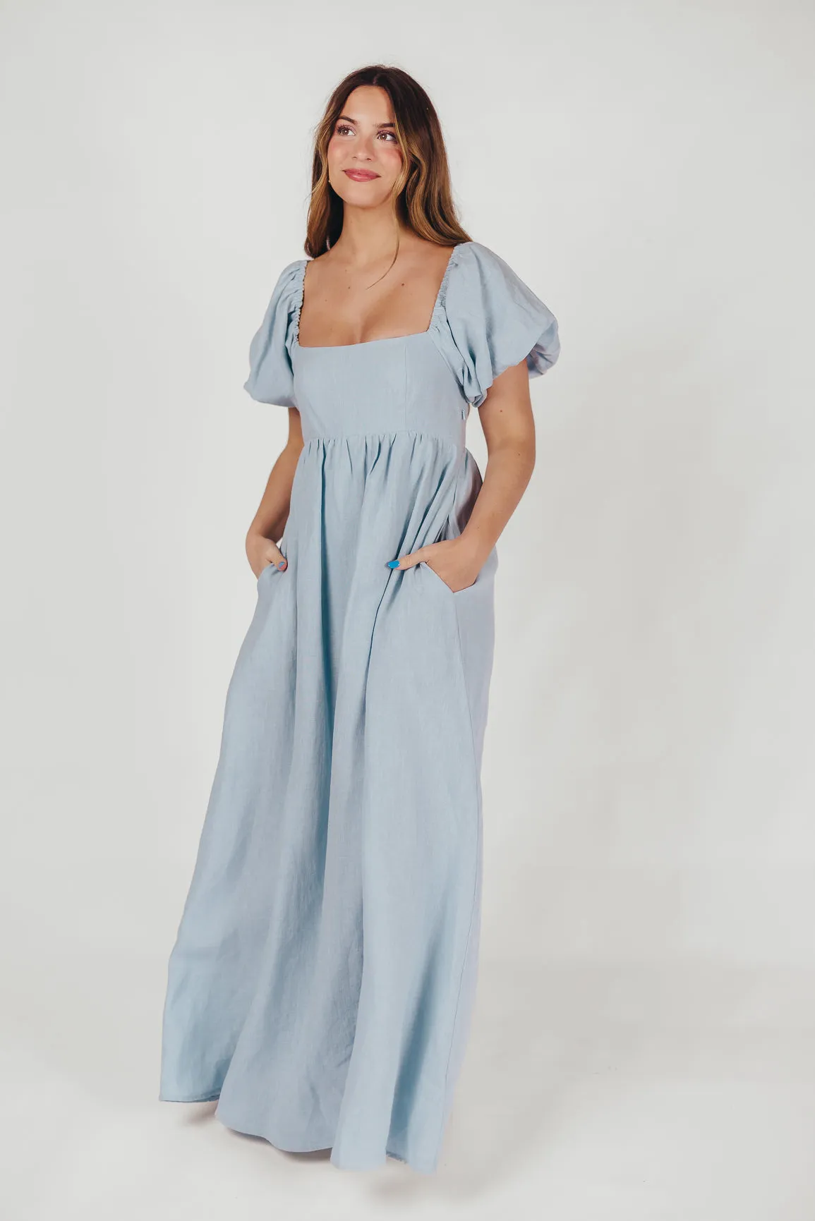 Candace Maxi Dress in Light Blue - 100% Linen - Bump Friendly