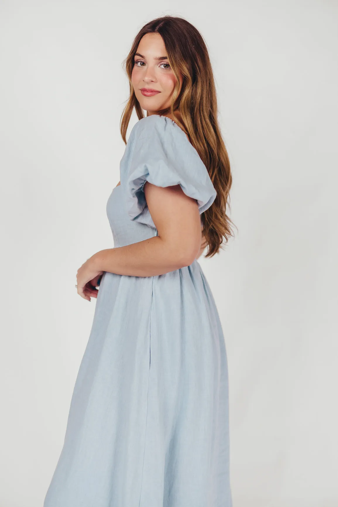 Candace Maxi Dress in Light Blue - 100% Linen - Bump Friendly