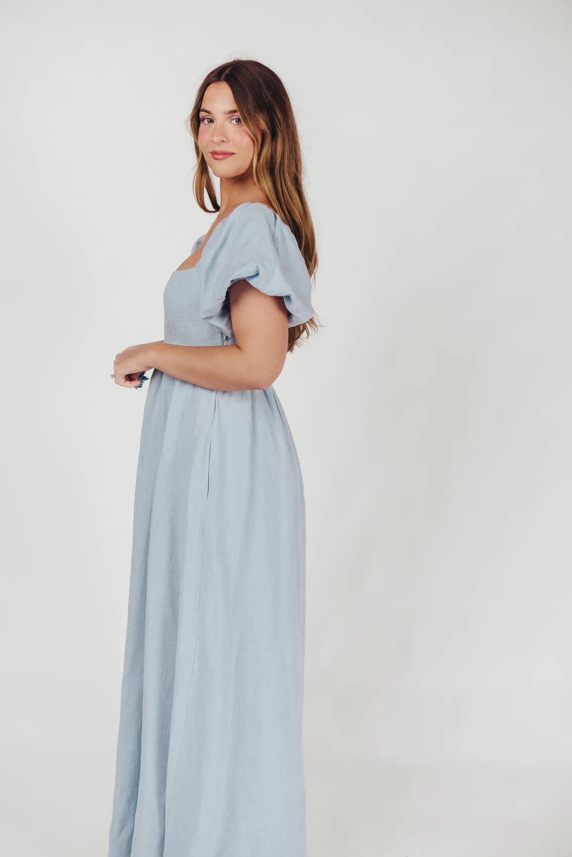 Candace Maxi Dress in Light Blue - 100% Linen - Bump Friendly