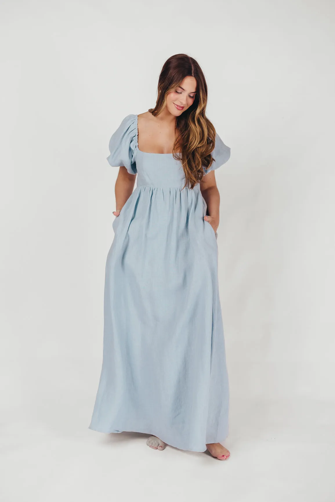 Candace Maxi Dress in Light Blue - 100% Linen - Bump Friendly