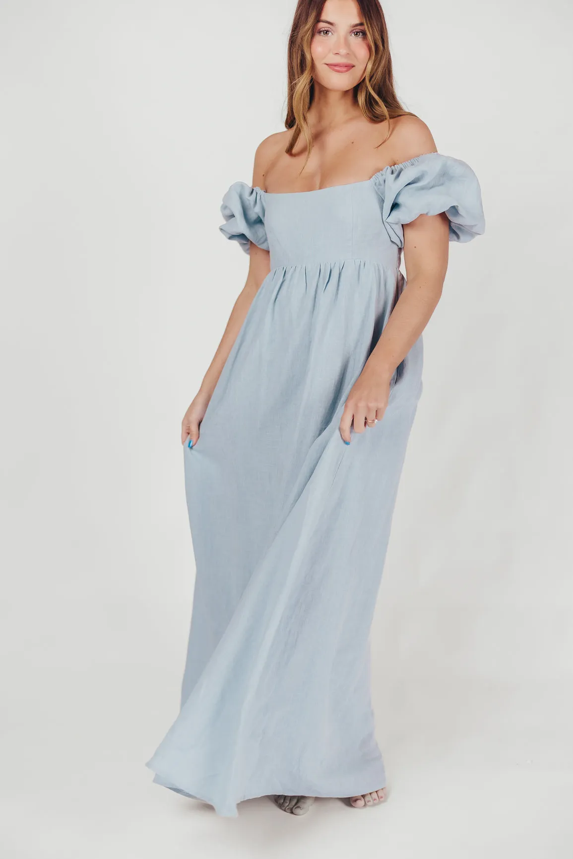 Candace Maxi Dress in Light Blue - 100% Linen - Bump Friendly