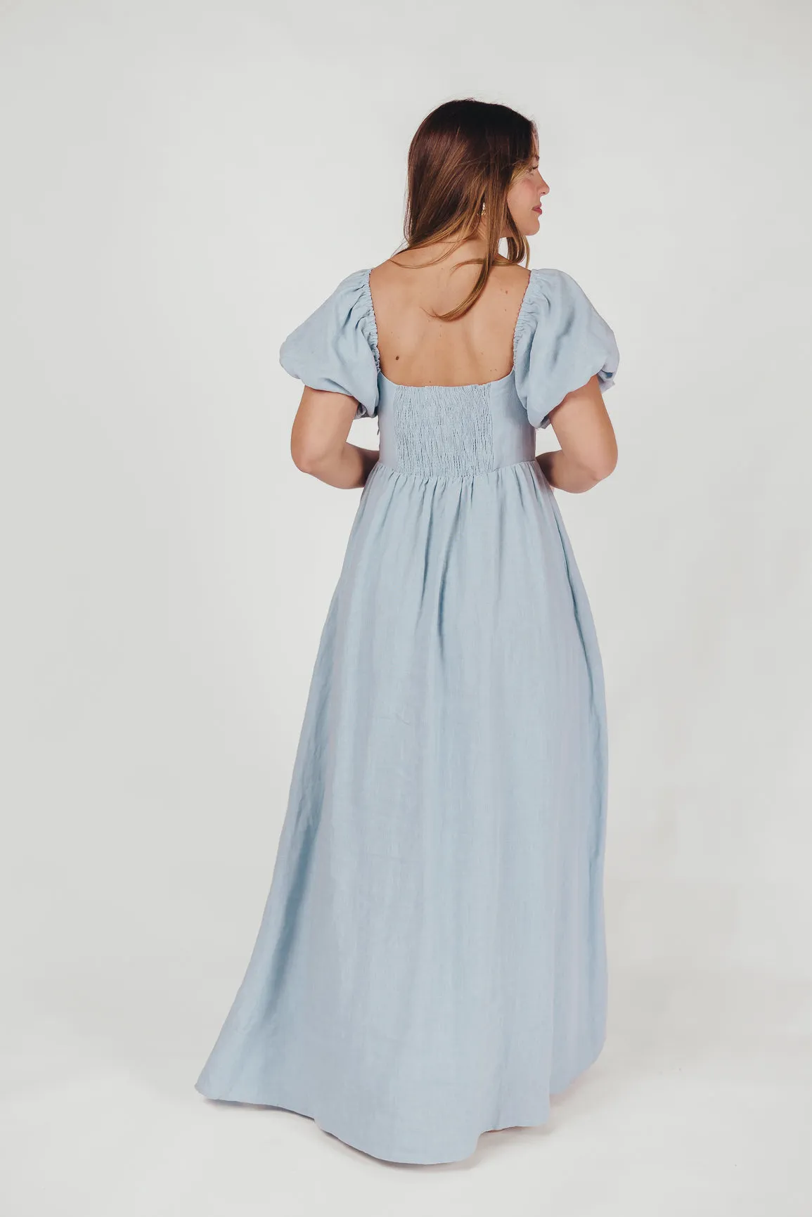 Candace Maxi Dress in Light Blue - 100% Linen - Bump Friendly