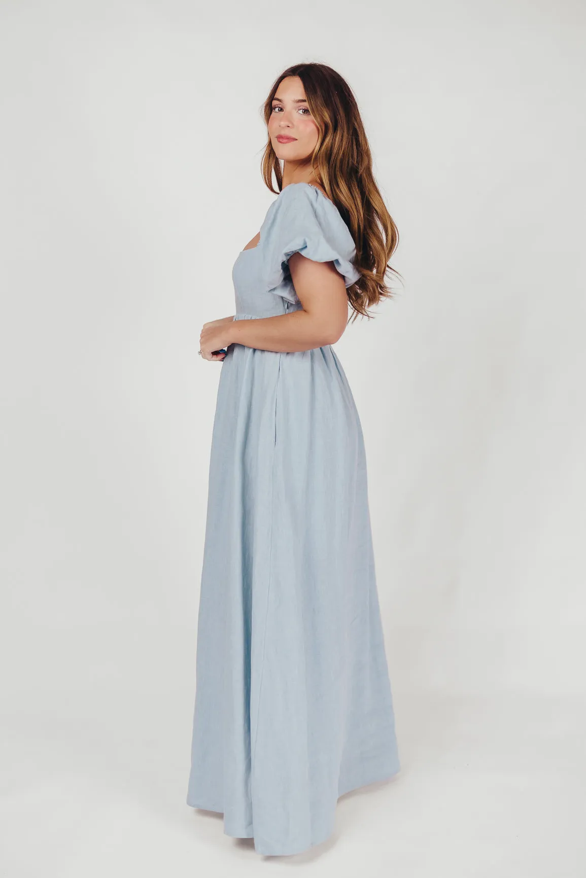 Candace Maxi Dress in Light Blue - 100% Linen - Bump Friendly