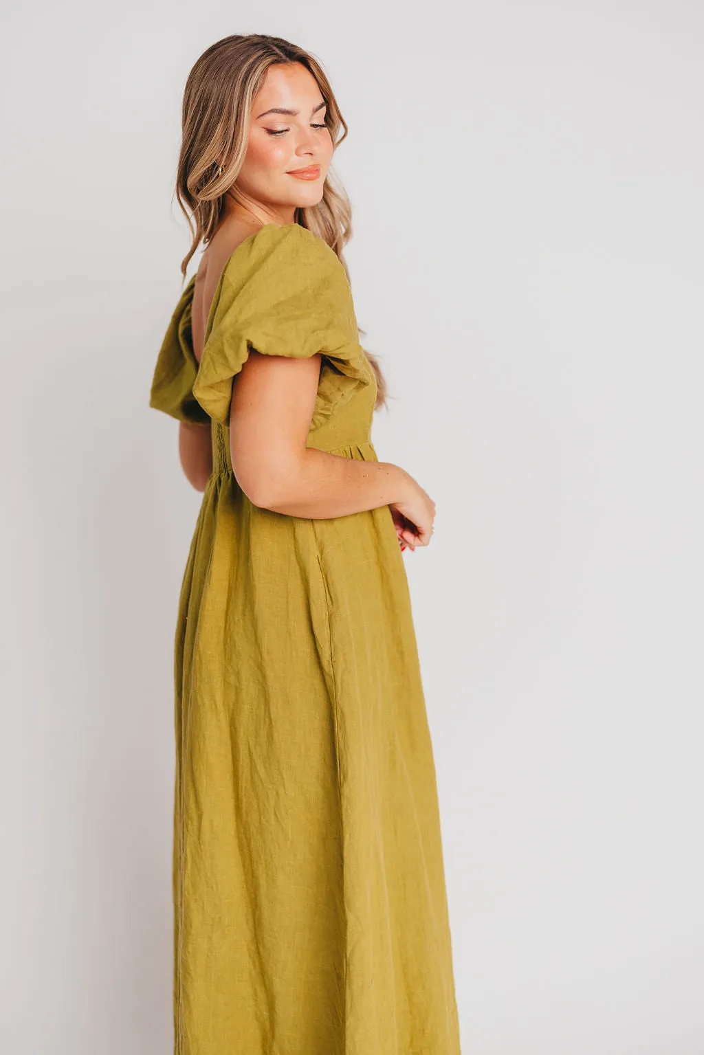 Candace Maxi Dress in Olive - 100% Linen - Bump Friendly