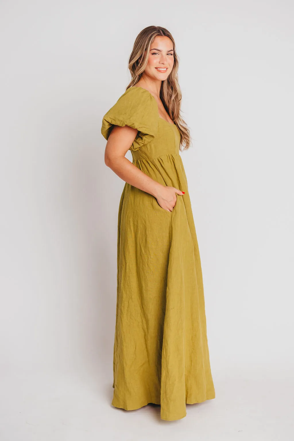 Candace Maxi Dress in Olive - 100% Linen - Bump Friendly