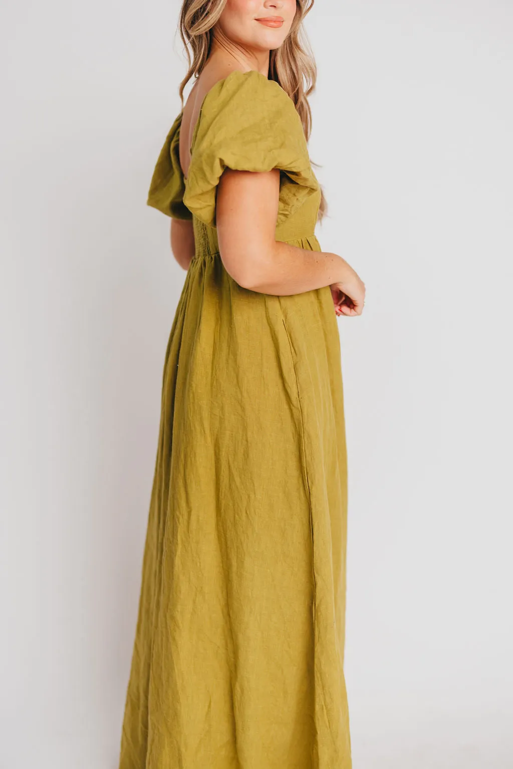 Candace Maxi Dress in Olive - 100% Linen - Bump Friendly