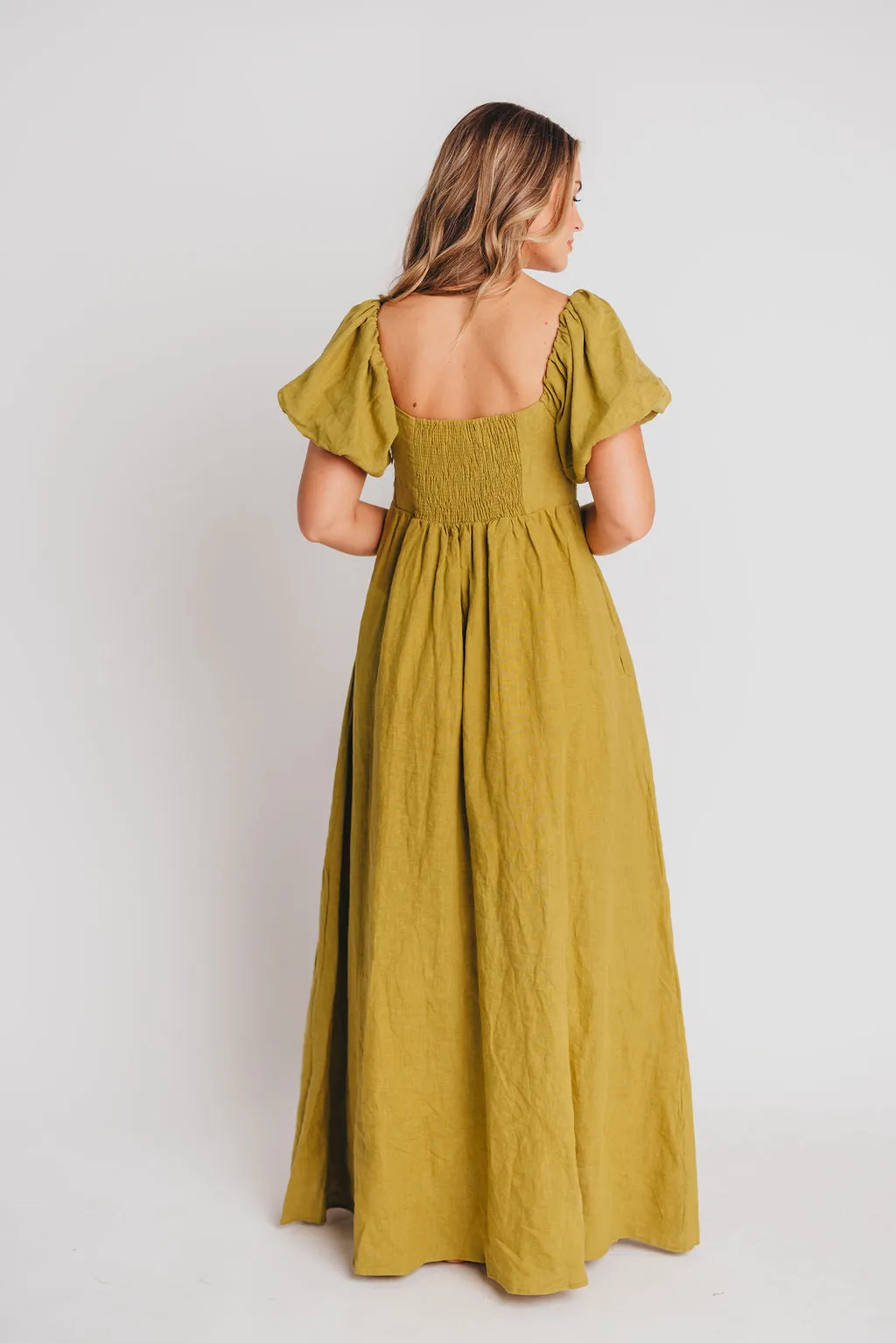 Candace Maxi Dress in Olive - 100% Linen - Bump Friendly