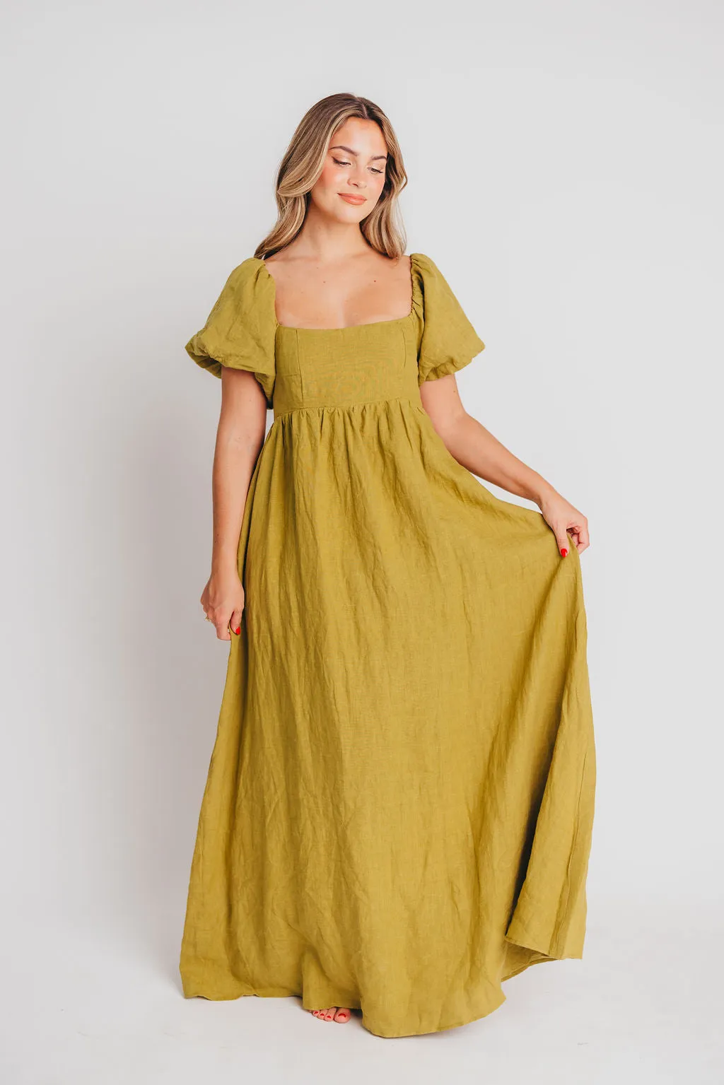 Candace Maxi Dress in Olive - 100% Linen - Bump Friendly