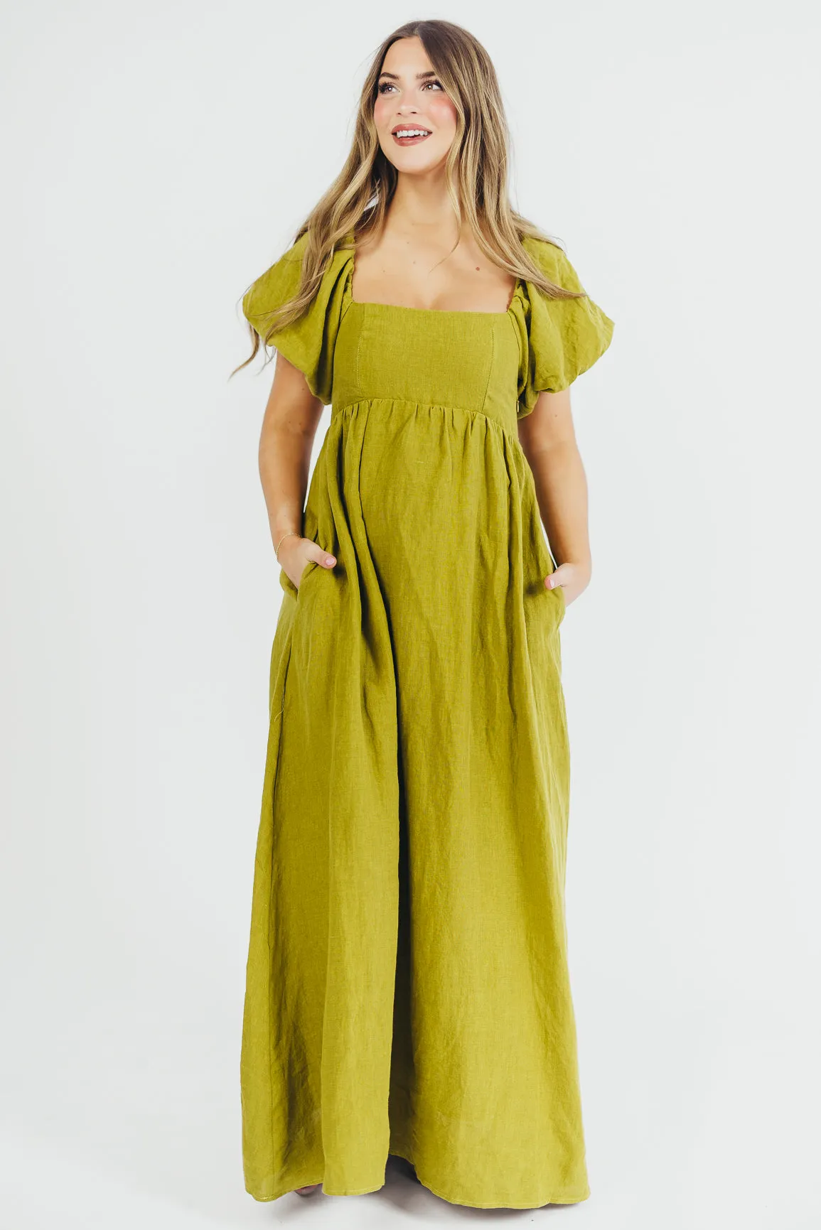 Candace Maxi Dress in Olive - 100% Linen - Bump Friendly