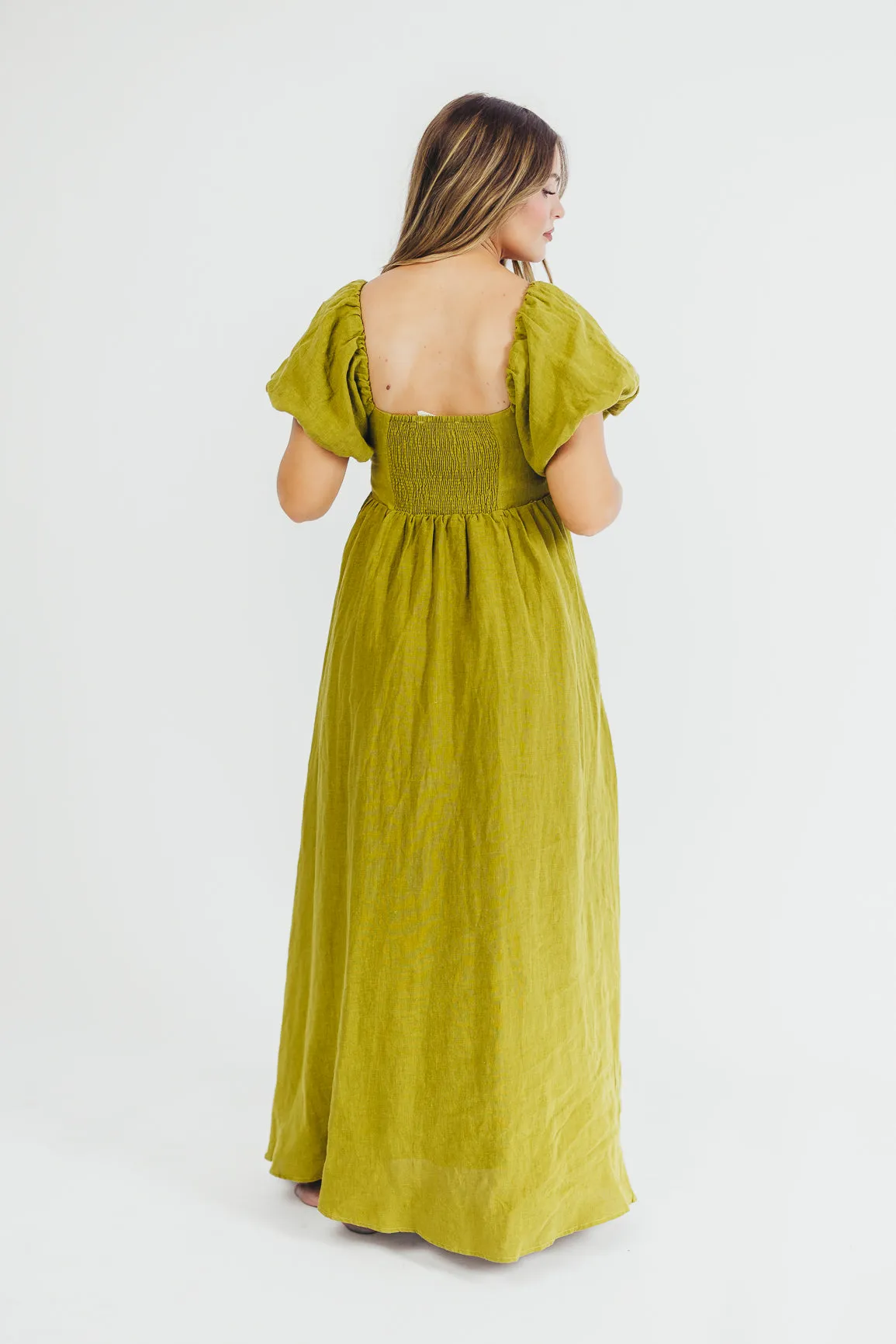 Candace Maxi Dress in Olive - 100% Linen - Bump Friendly