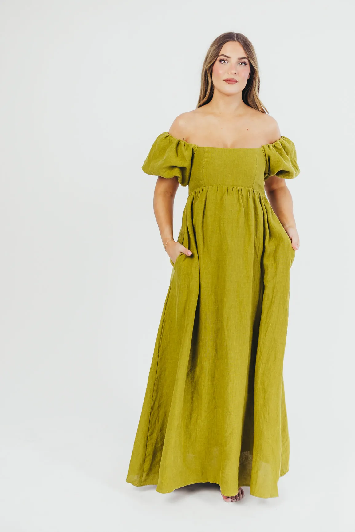 Candace Maxi Dress in Olive - 100% Linen - Bump Friendly