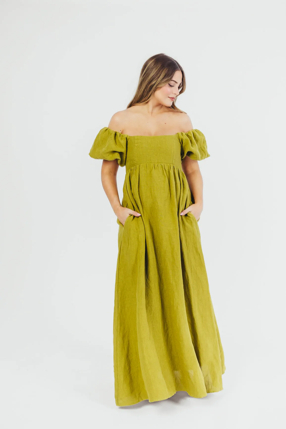 Candace Maxi Dress in Olive - 100% Linen - Bump Friendly