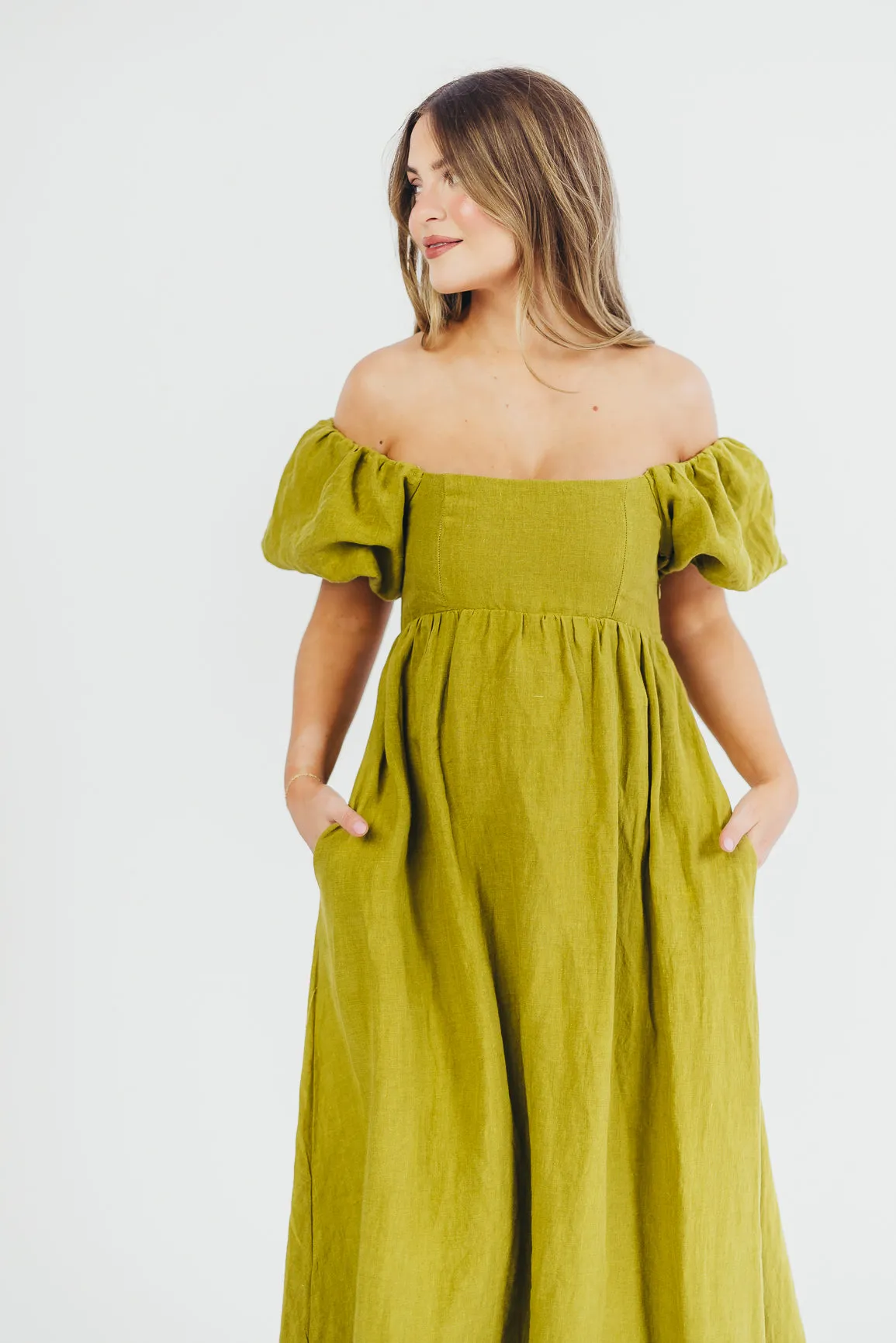 Candace Maxi Dress in Olive - 100% Linen - Bump Friendly