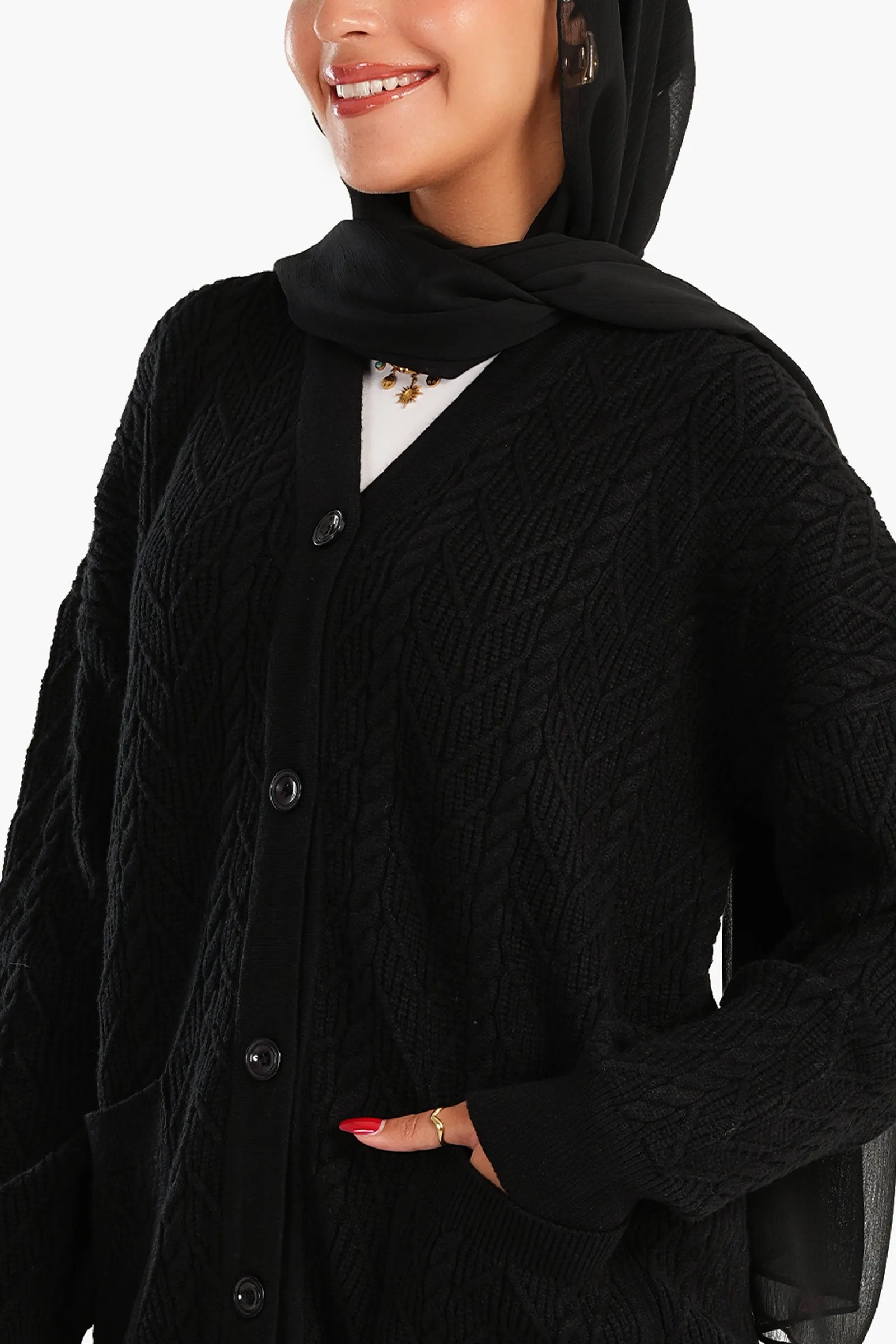 Cardigan with Ribbed Elastic Hem