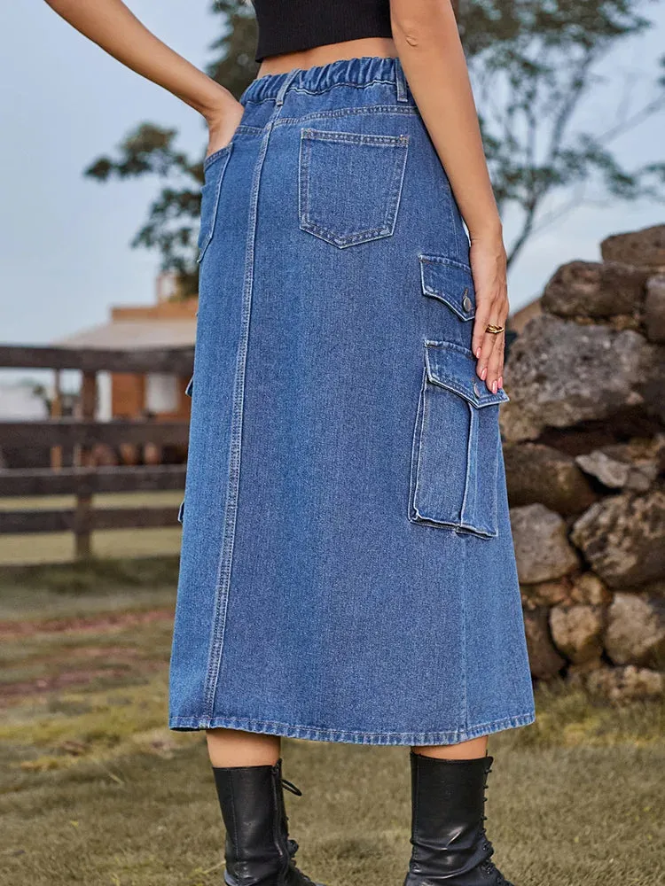 Casual Split Long High Waisted A-Line Cargo Jean Skirt