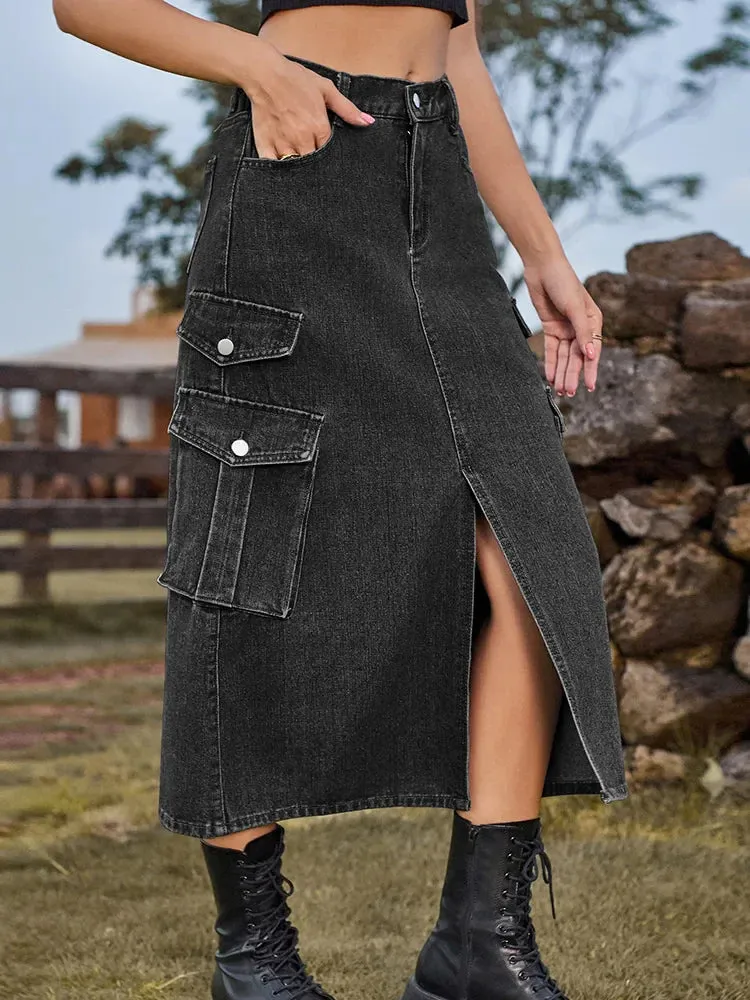 Casual Split Long High Waisted A-Line Cargo Jean Skirt