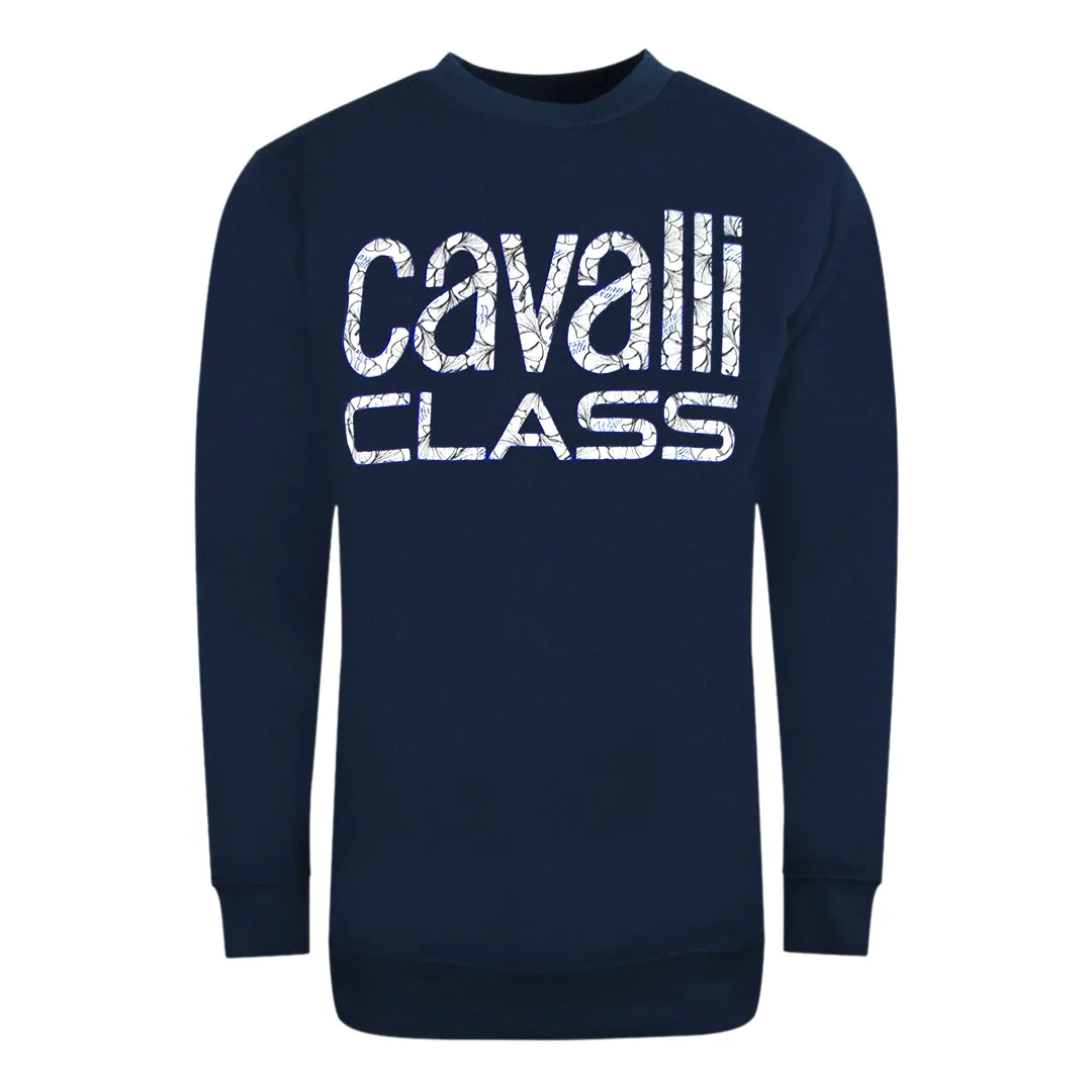 Cavalli Class Bold Floral Design Navy Blue Sweatshirt