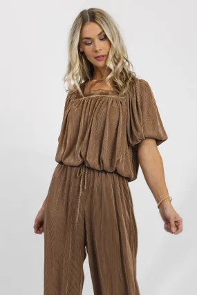 Charm & Cheers Mocha Pleated Top - Final Sale