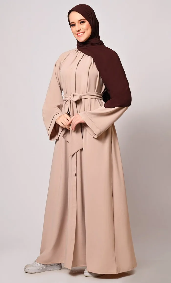 Chic Pleats and Belt:  Sand Abaya with Pockets