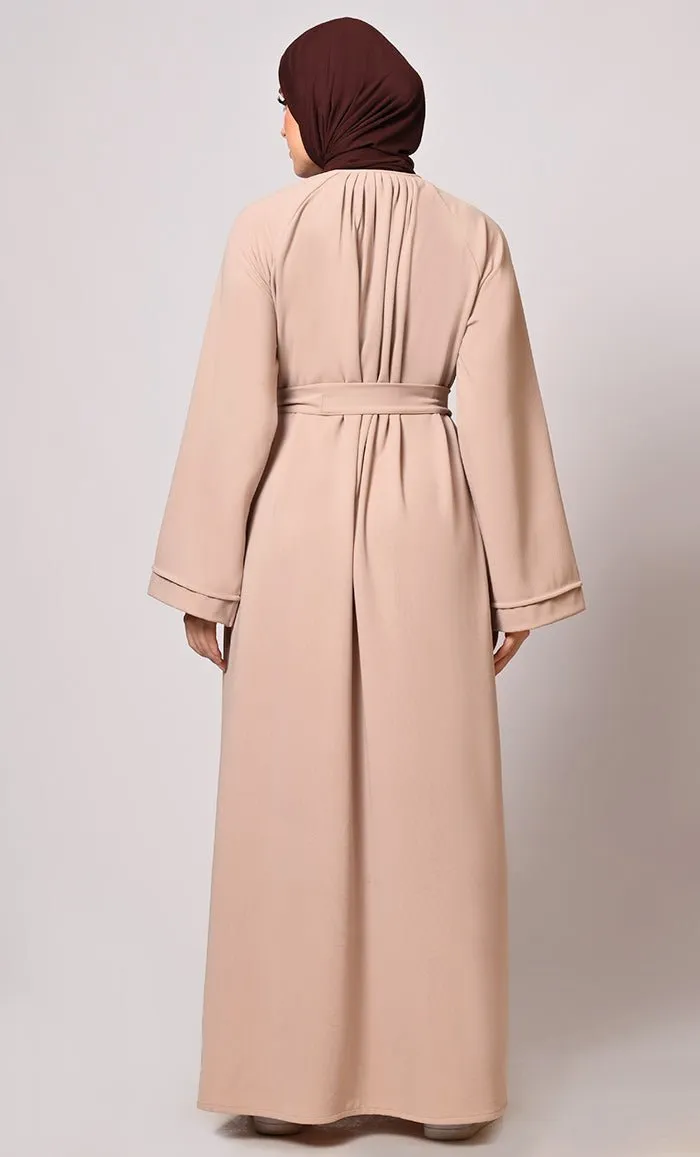 Chic Pleats and Belt:  Sand Abaya with Pockets