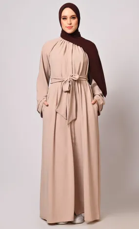 Chic Pleats and Belt:  Sand Abaya with Pockets