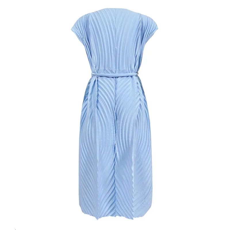 Classic Round Neck Short Sleeve Tie Waist Wavy Pleated Midi Dress