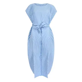 Classic Round Neck Short Sleeve Tie Waist Wavy Pleated Midi Dress