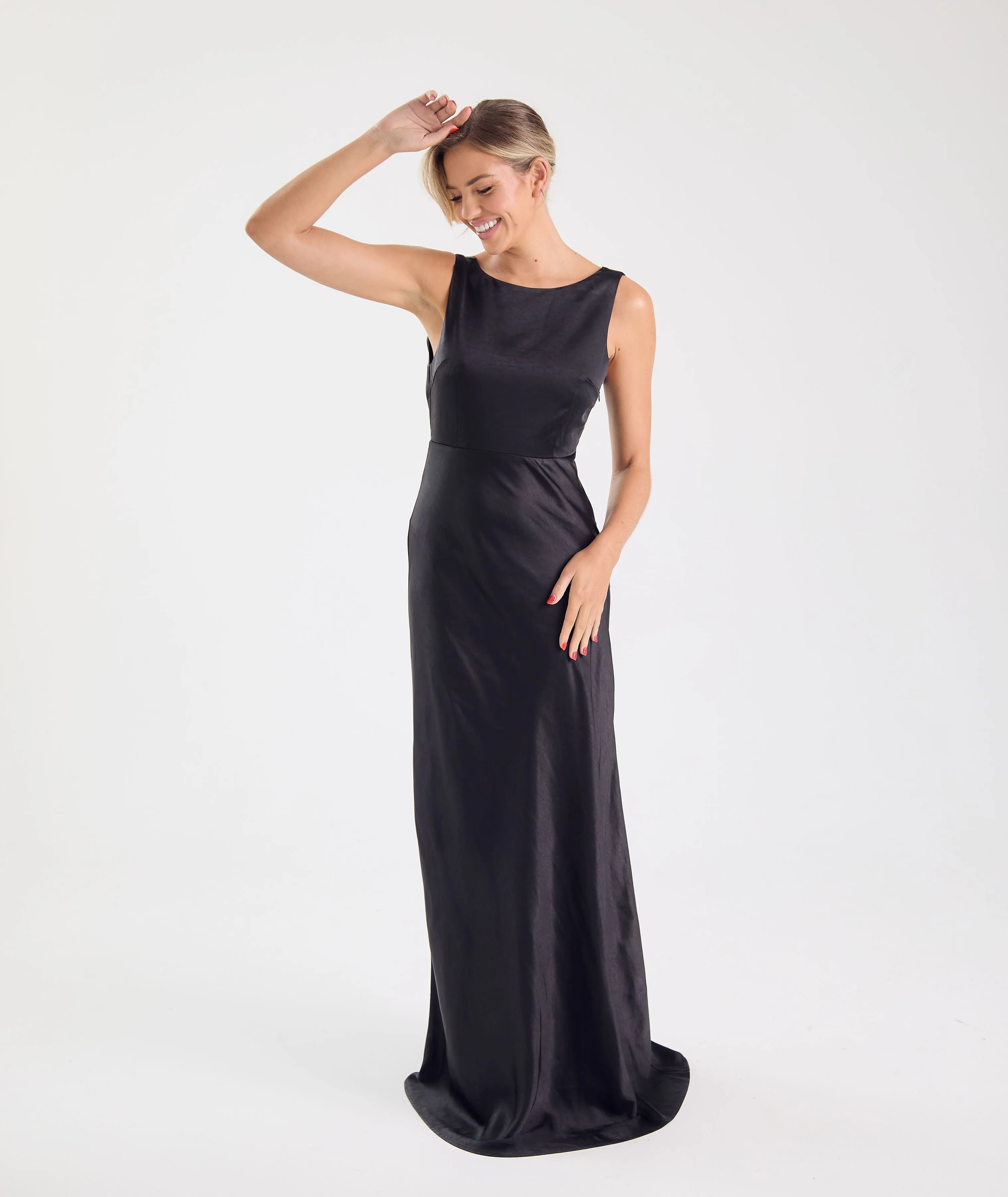 Cowl Back Satin Bridesmaid Dress - Black