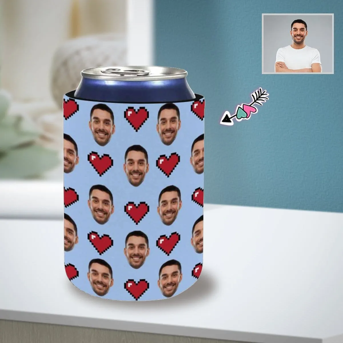 Custom Can Cooler With Boyfriend face Personalized Red Heart Neoprene Koozies Non Slip for Beer Cans and Bottles