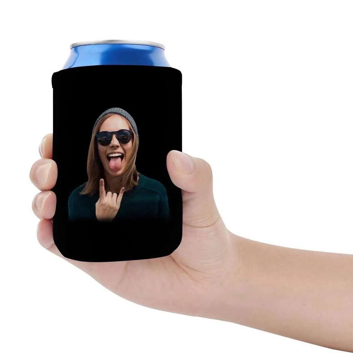 Custom Can Cooler With Photo Personalized Black Background Neoprene Koozies Non Slip for Beer Cans and Bottles