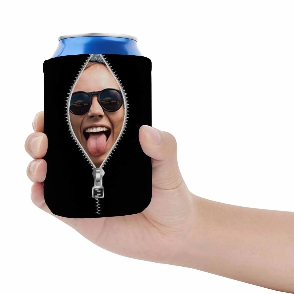 Custom Can Cooler With Photo Personalized Zipper Black Neoprene Koozies Non Slip for Beer Cans and Bottles