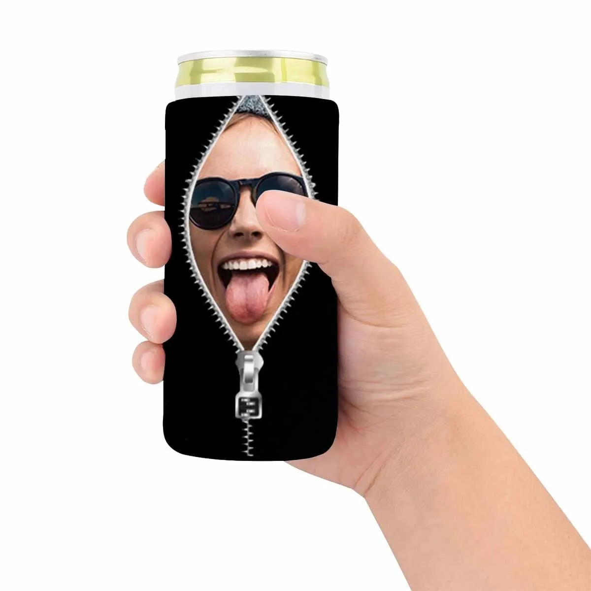 Custom Can Cooler With Photo Personalized Zipper Black Neoprene Koozies Non Slip for Beer Cans and Bottles