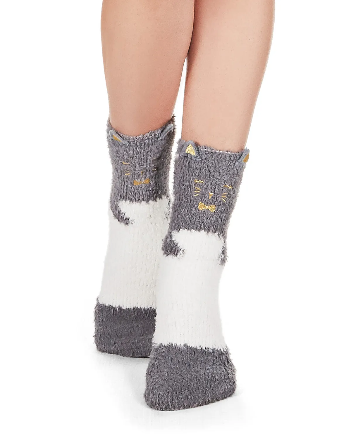 Cute Cat Critter Plush Non-Skid Crew Socks