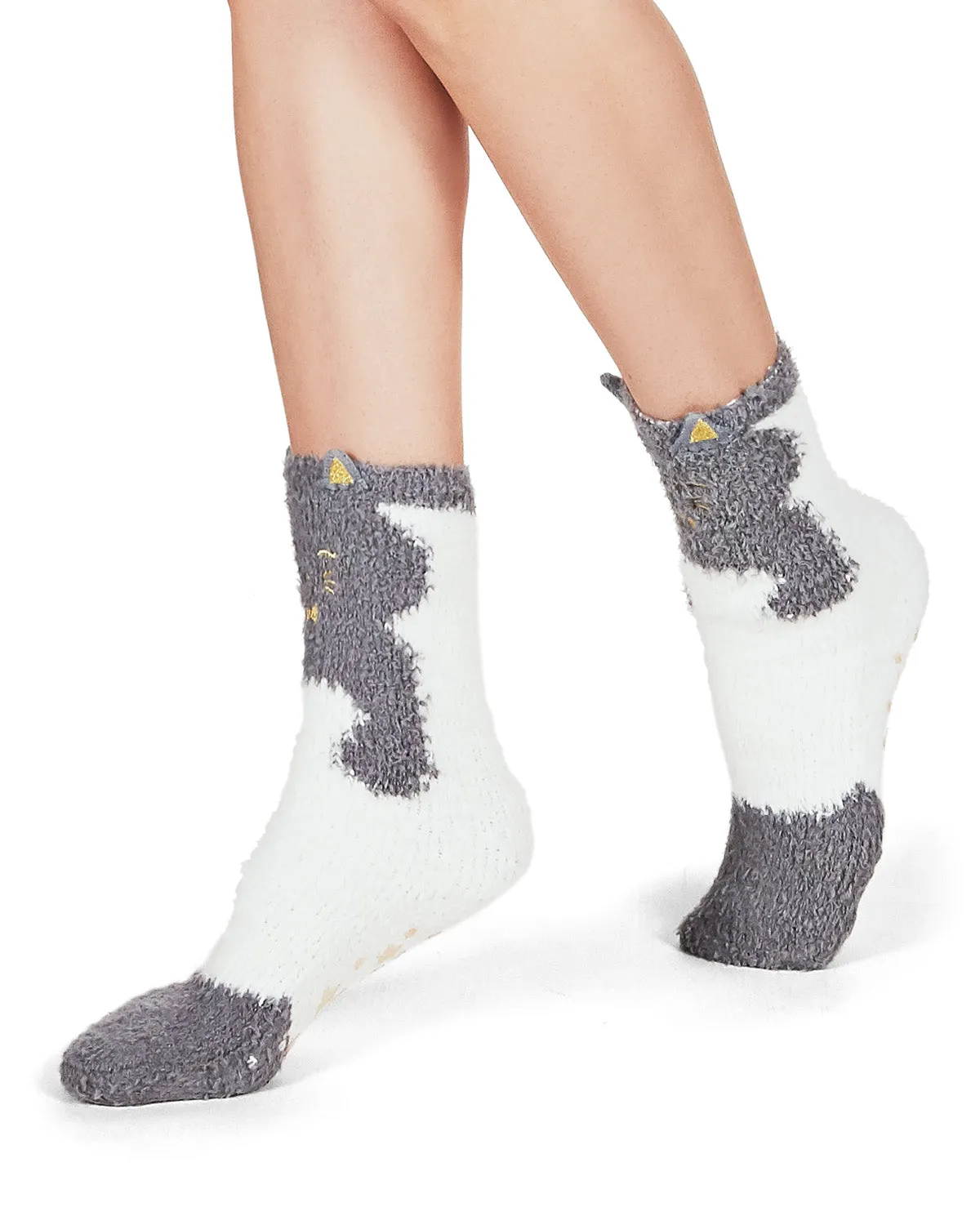 Cute Cat Critter Plush Non-Skid Crew Socks