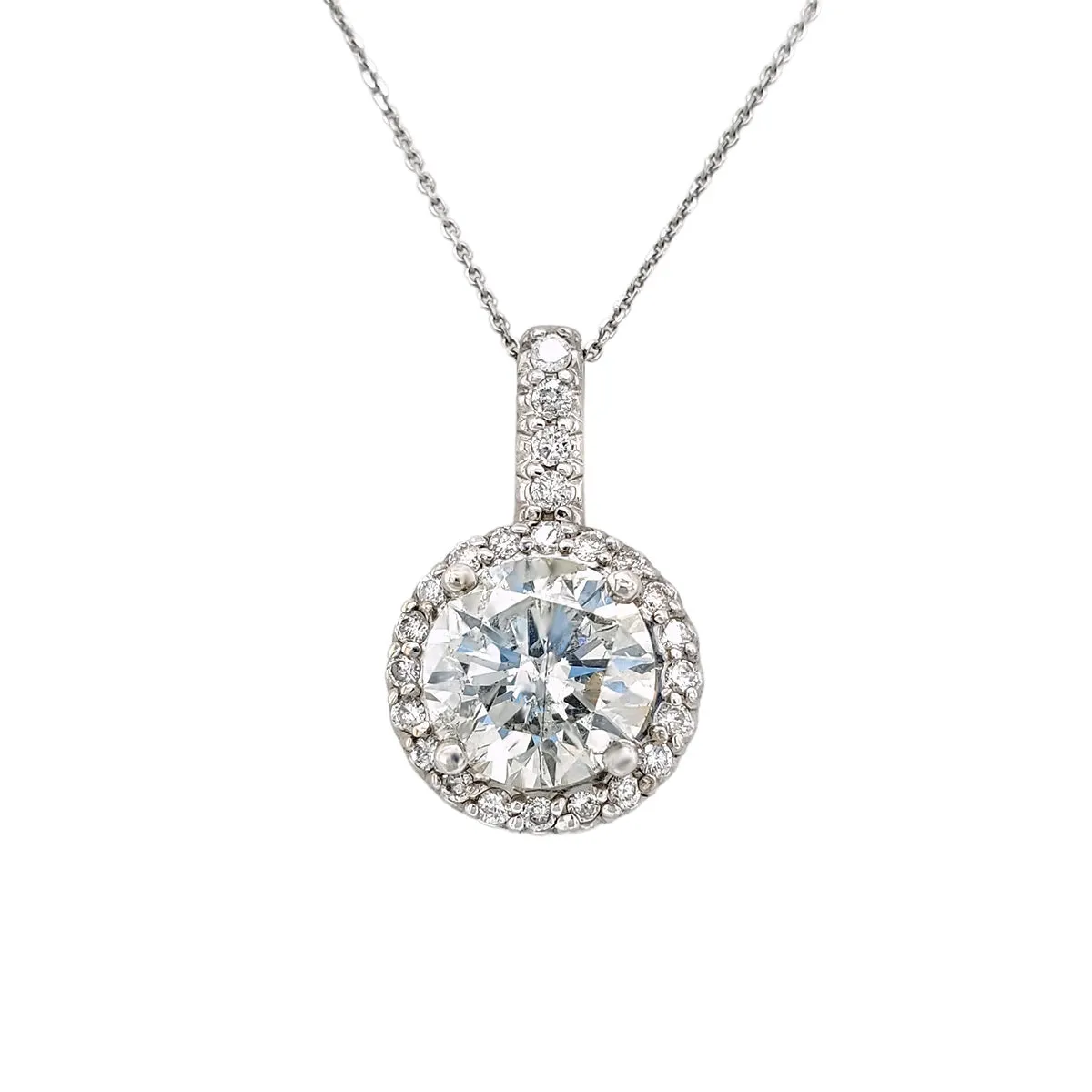 Dainty Round Diamond Halo Pendant Necklace in White Gold, 2.35 cttw