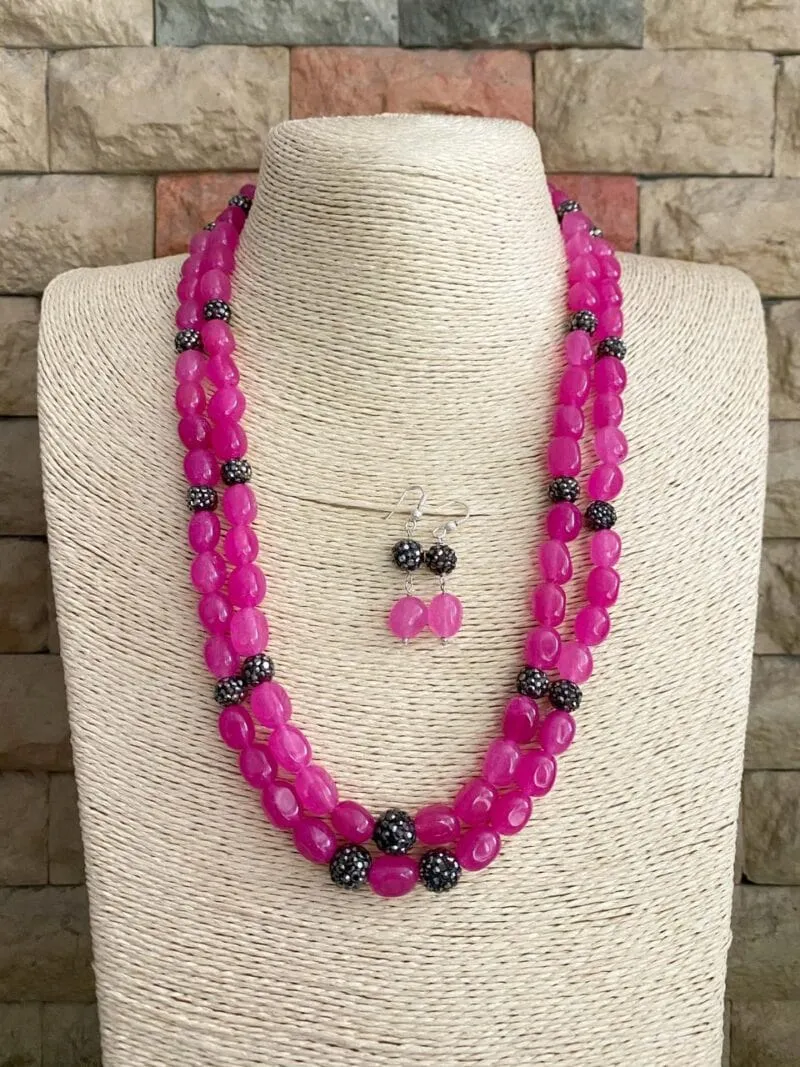 Designer Semi Precious Pink Jade Double Layered Beads Necklace By Gehna Shop