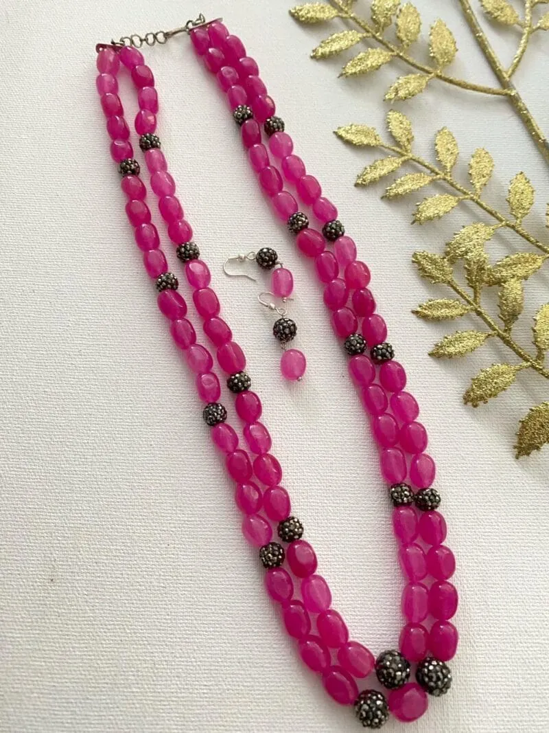 Designer Semi Precious Pink Jade Double Layered Beads Necklace By Gehna Shop